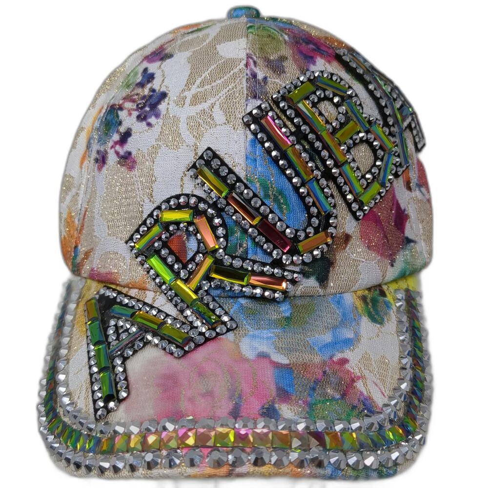 White Baseball Cap OSFM Aruba Rhinestone Gem Floral Sparkle Bling Embellished